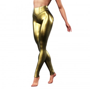 Women Fashion Casual Skinny Pants Shiny leather front and back V-waist leggings Leather trousers